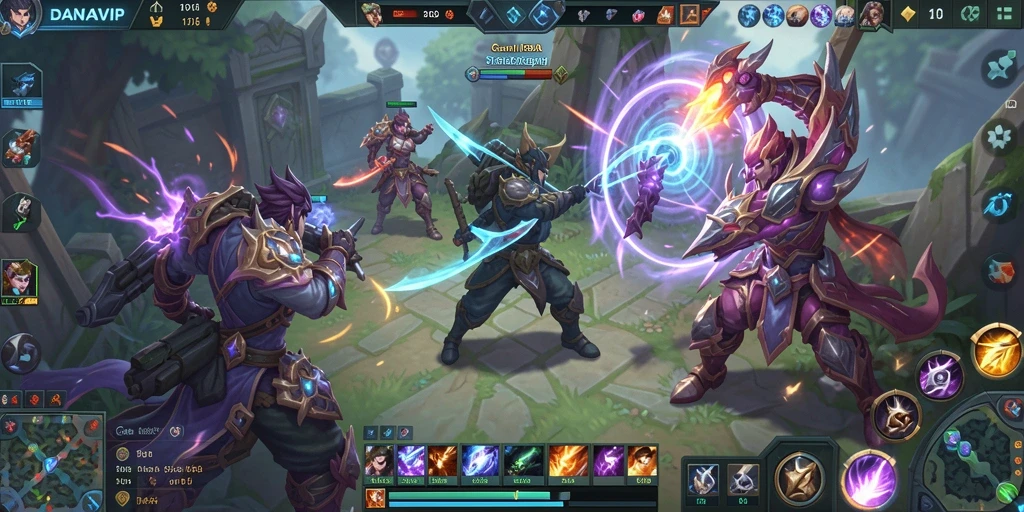 Screenshot menunjukkan aksi intens dalam permainan MOBA DANAVIP.
