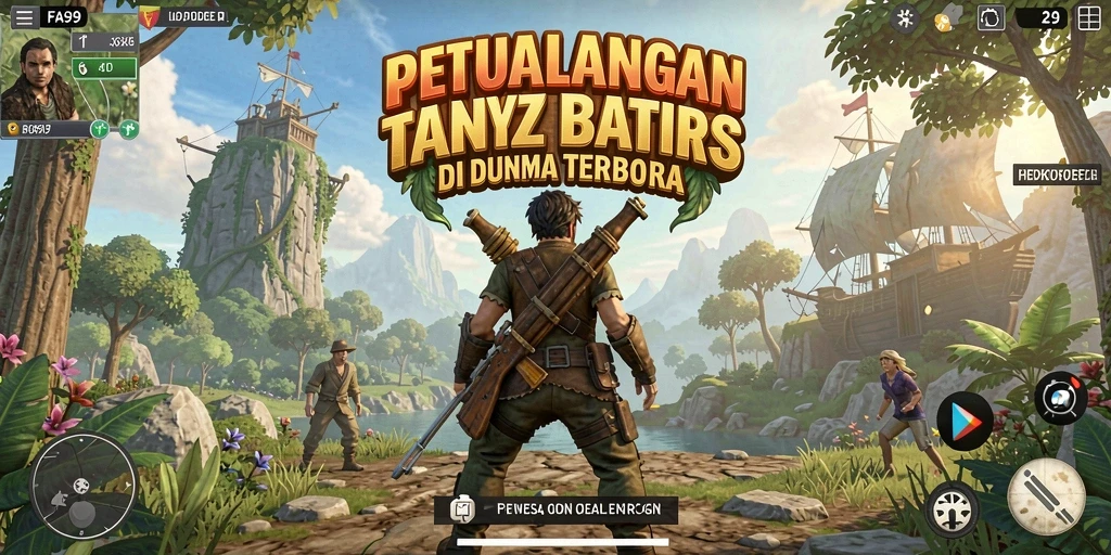 Screenshot utama menunjukkan pemain menjelajahi dunia terbuka yang luas dalam FA99.