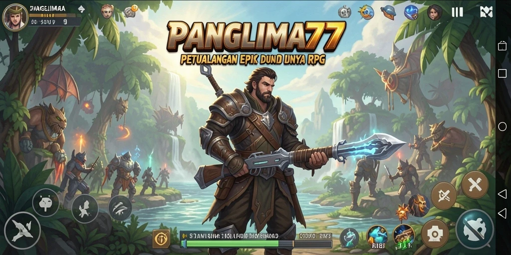 Screenshot utama PANGLIMA77 menampilkan pertempuran epik dalam dunia RPG.