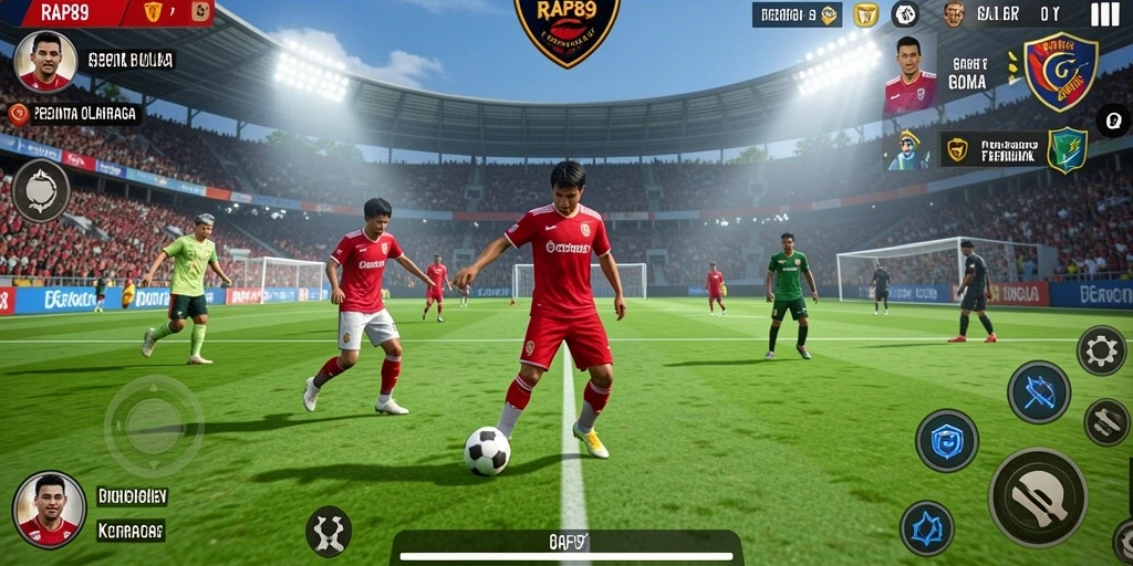 Screenshot game RAP89 menampilkan momen seru dalam pertandingan sepak bola.