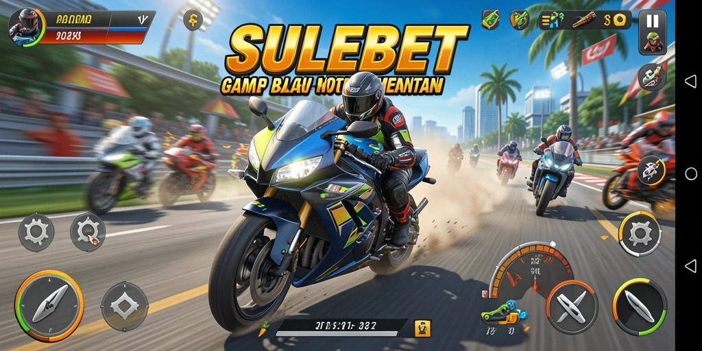 Gameplay SULEBET menampilkan aksi balap motor yang seru.